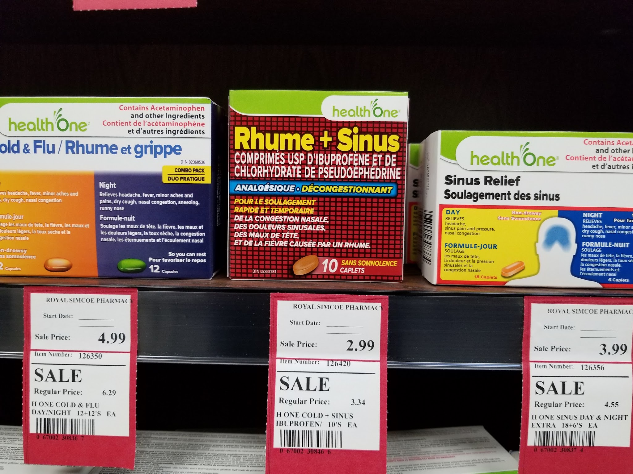 Over-the-counter products and sale displays at Royal Simcoe Pharmacy