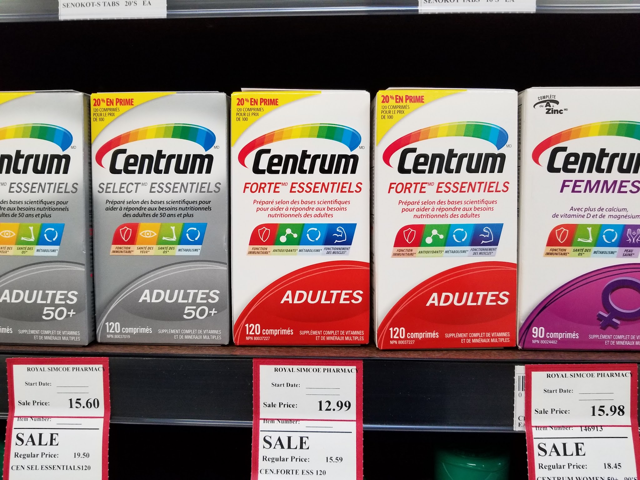 Vitamins and supplement shelf with competitive pricing at Royal Simcoe Pharmacy